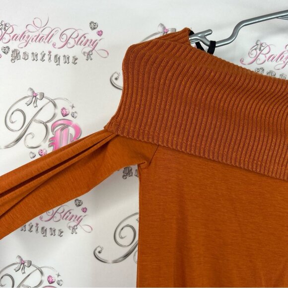 DZ top Chic Off-Shoulder Rust Sweater slouchy ribbed shirt comfy - Picture 5 of 7